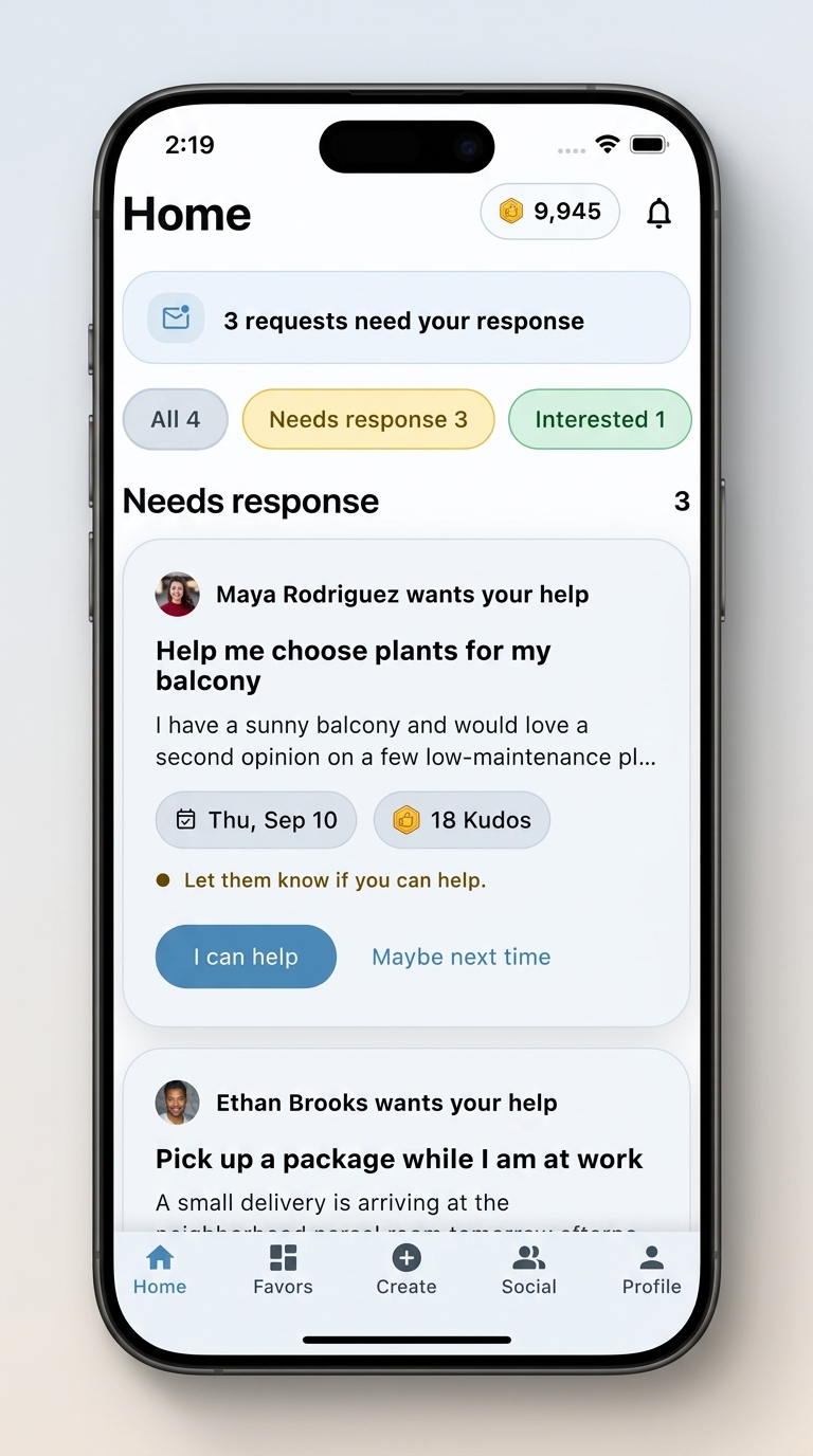 Fravorly feed with favor requests from a trusted network